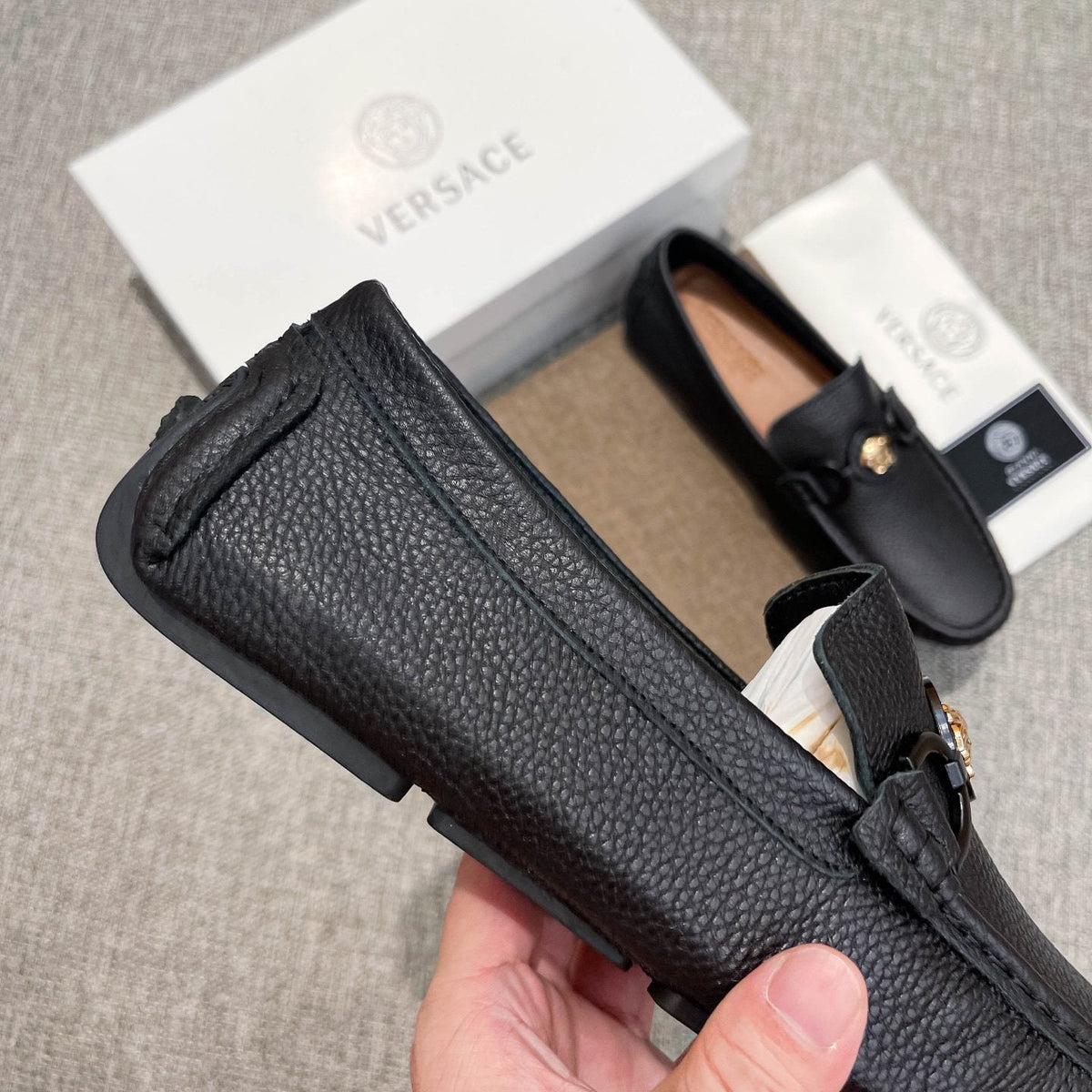 Versace Black Gold-Emblem Slip-On Loafers — detail