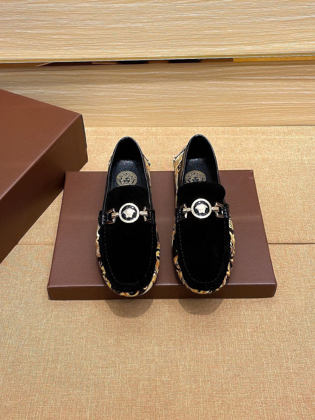 Versace Black and Gold Loafers — front