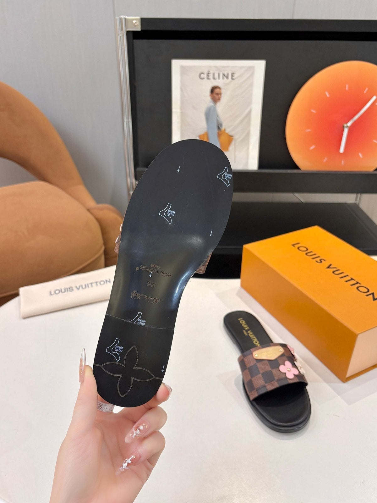 Louis Vuitton Floral Checkered Slide Sandals — back
