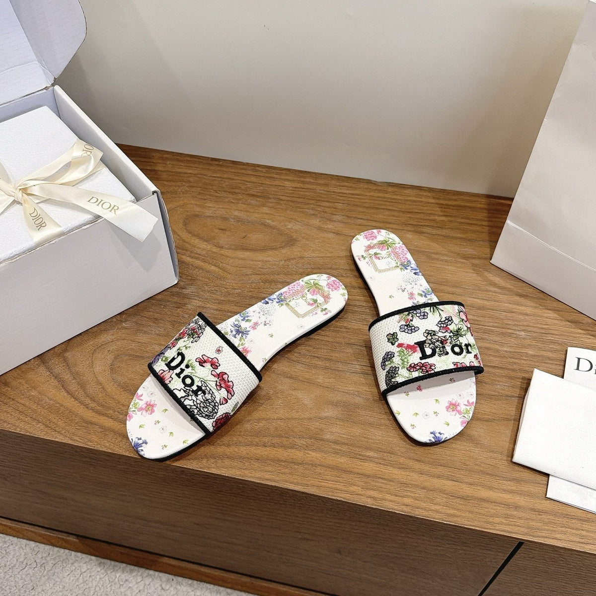 Dior Floral Embroidered Slide Sandals — front