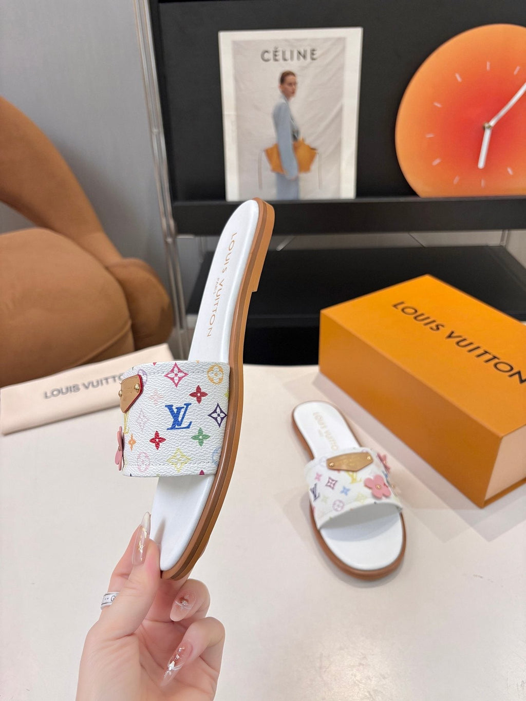 Louis Vuitton Floral Print Slide Sandals — model