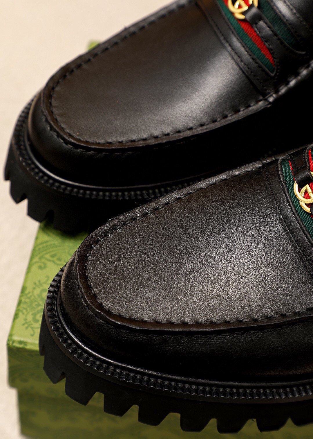 GUCCI Black Web-Accent Loafers — detail
