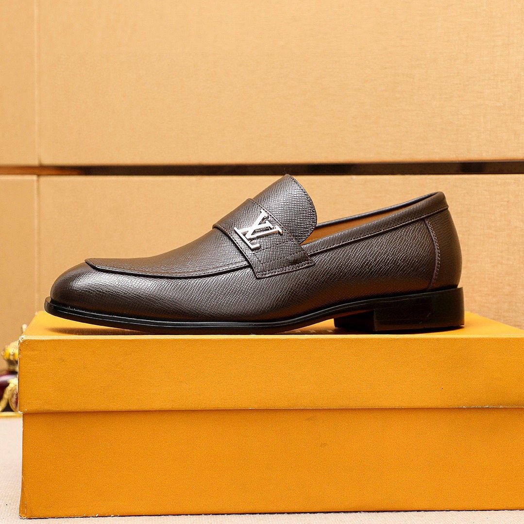 Louis Vuitton Dark Brown Textured Loafers — side