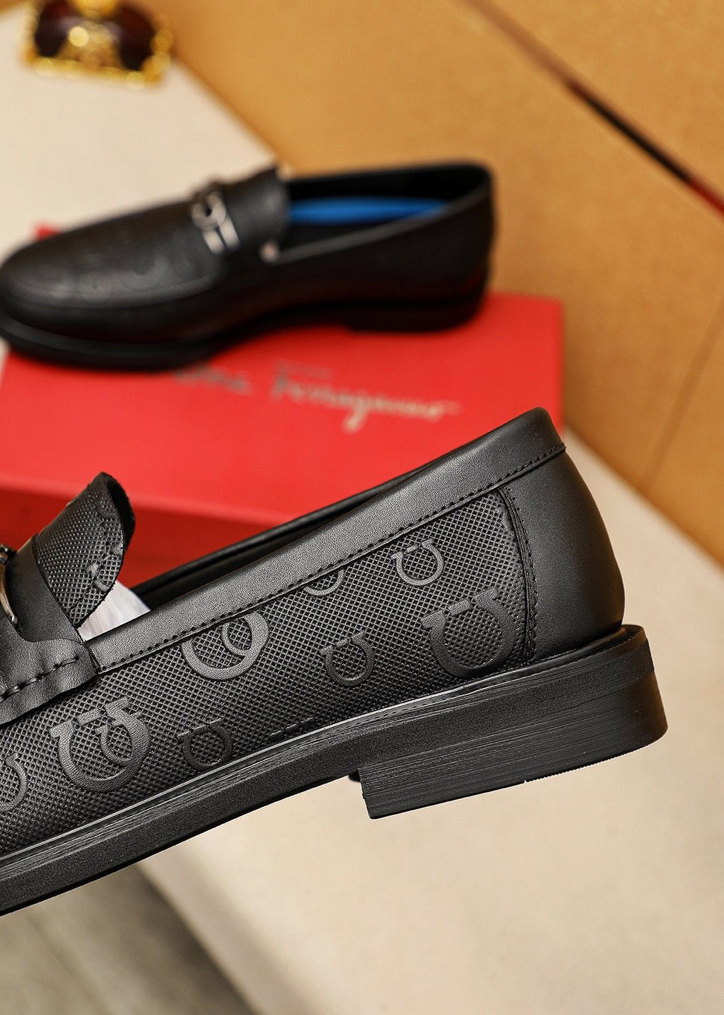 Ferragamo Black Embossed Buckle Loafers — detail