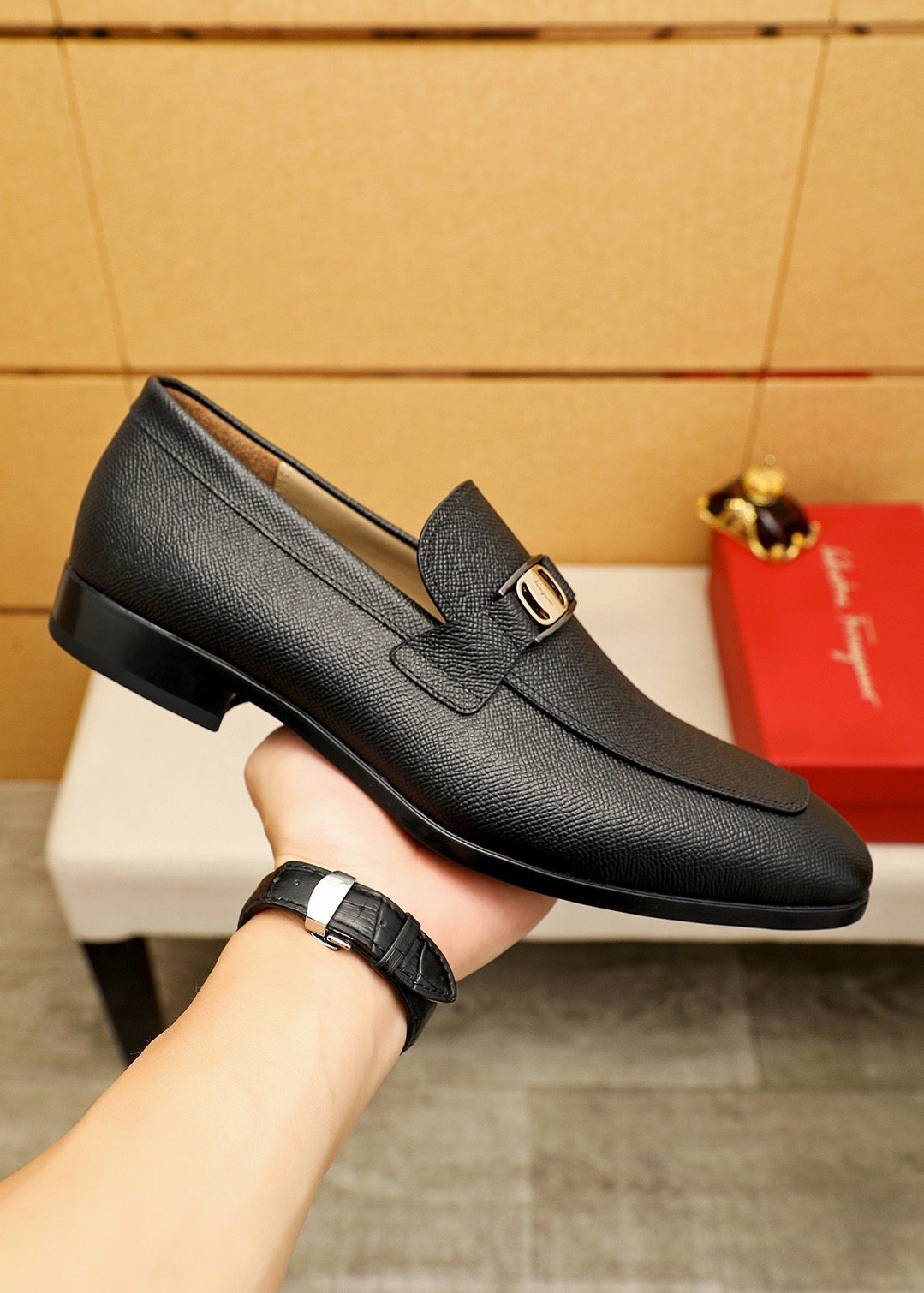 Ferragamo Black Buckle Loafers — front