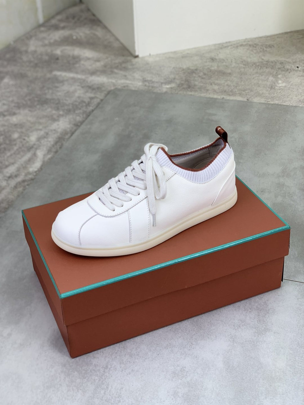 Loro Piana White Knit Leather Sneakers — side