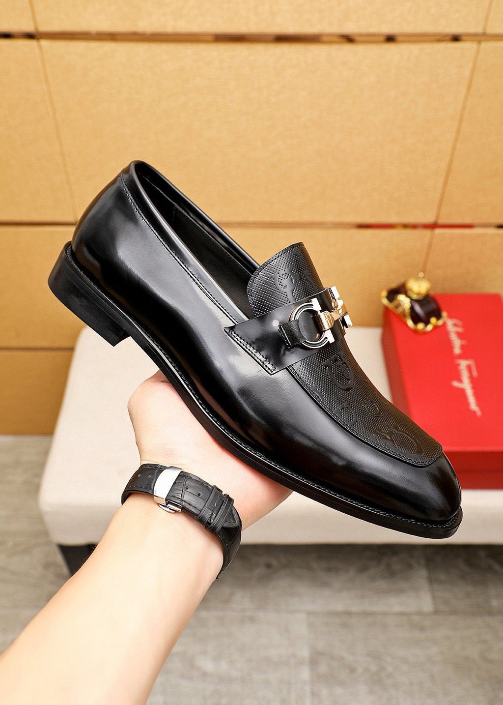 Ferragamo Black Buckle Loafers — model