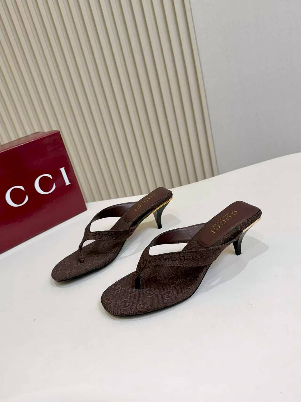 Gucci Monogram Thong Heel Sandals — front
