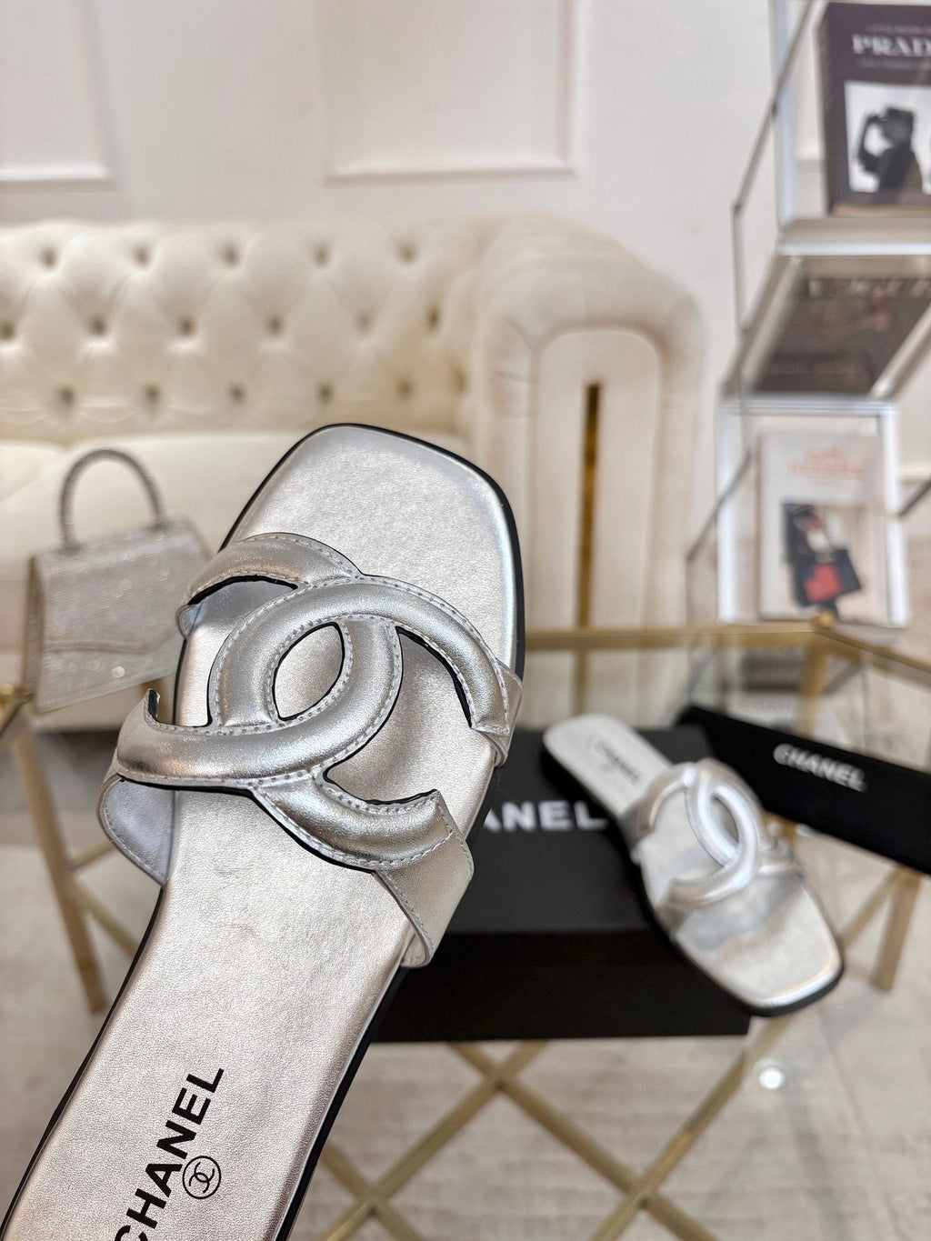 Chanel Embossed Logo Slide Sandals — front