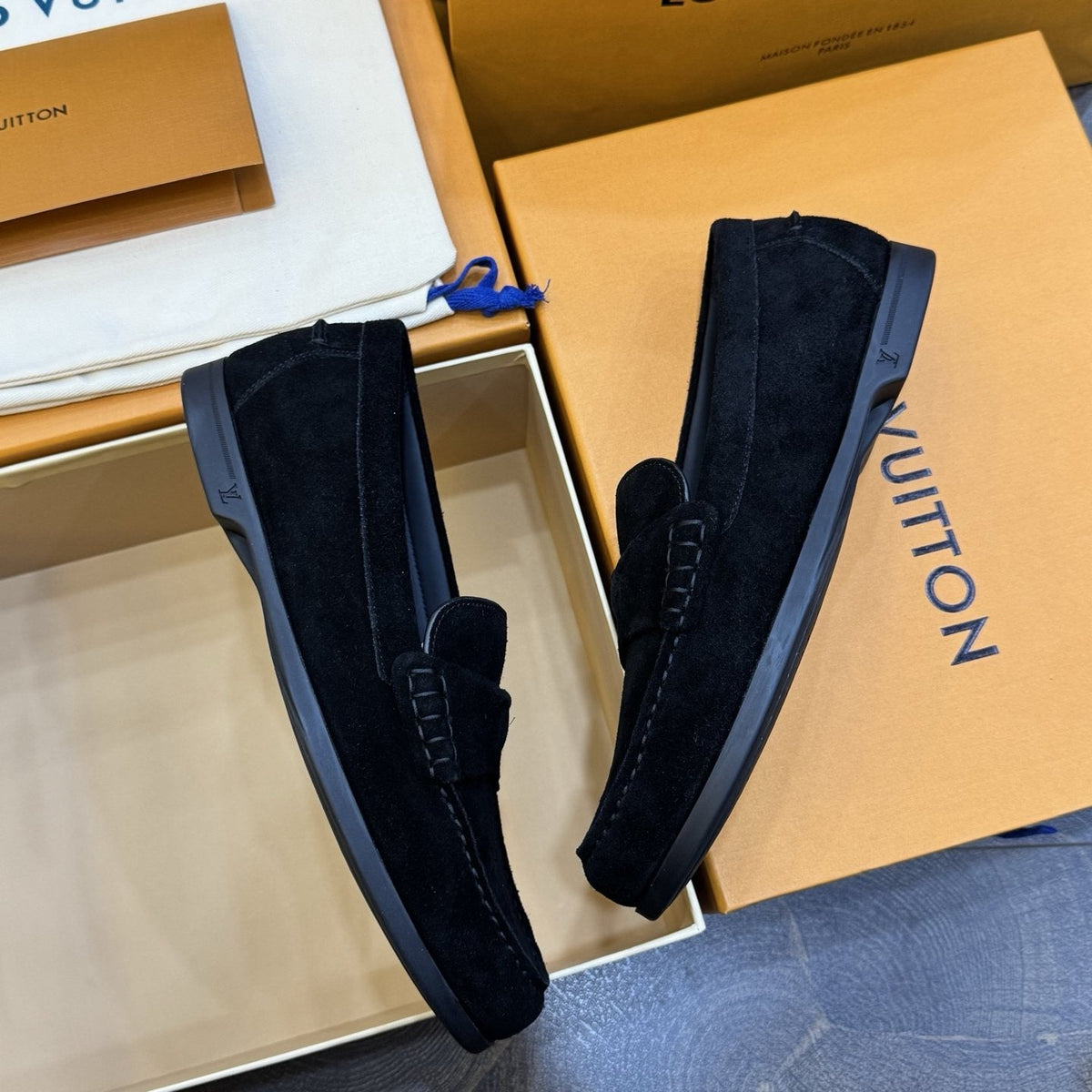 Louis Vuitton Black Suede Loafers — side