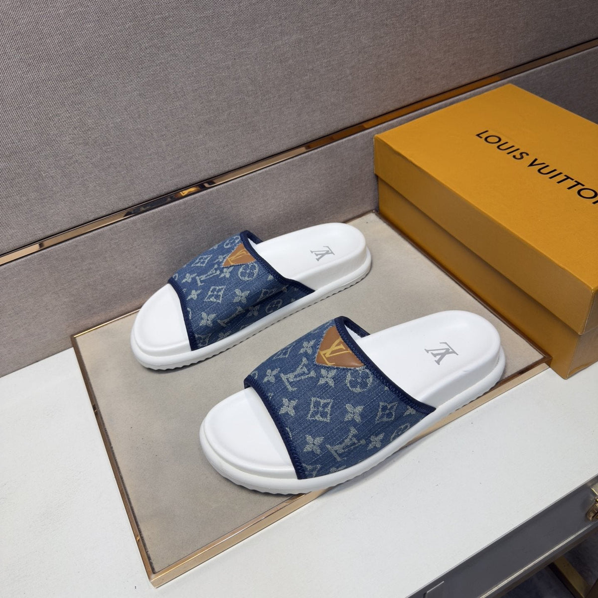 Louis Vuitton Navy Patterned Slide Sandals — front